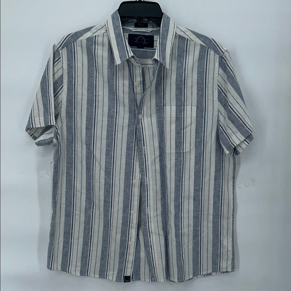 Even Tide Men’s Linen Cotton Striped Button Up Shirt Blue White Medium Resort - Picture 3 of 8